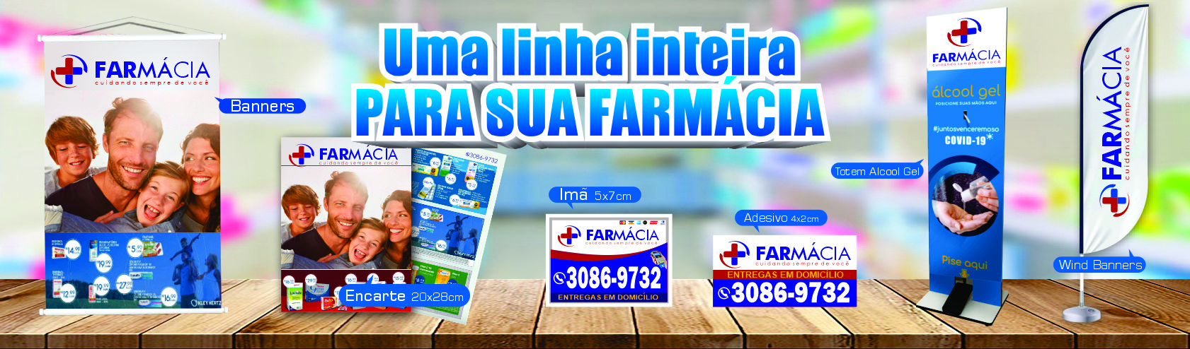 Banner ilustrativo de material de comunicação para farmácia usado como referência para adesivos e lonas